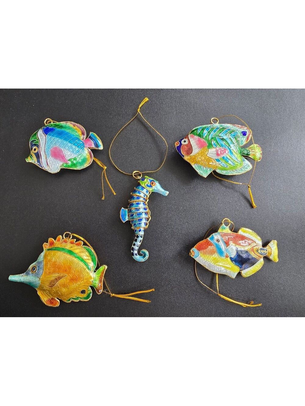 Set of 5 Handcrafted Cloisonné Enamel Tropical Reef Fish and Seahorse Ornaments